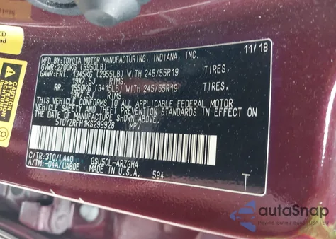 2019 Toyota Highlander Limited from USA, damaged, VIN 5TDYZRFH1KS299928